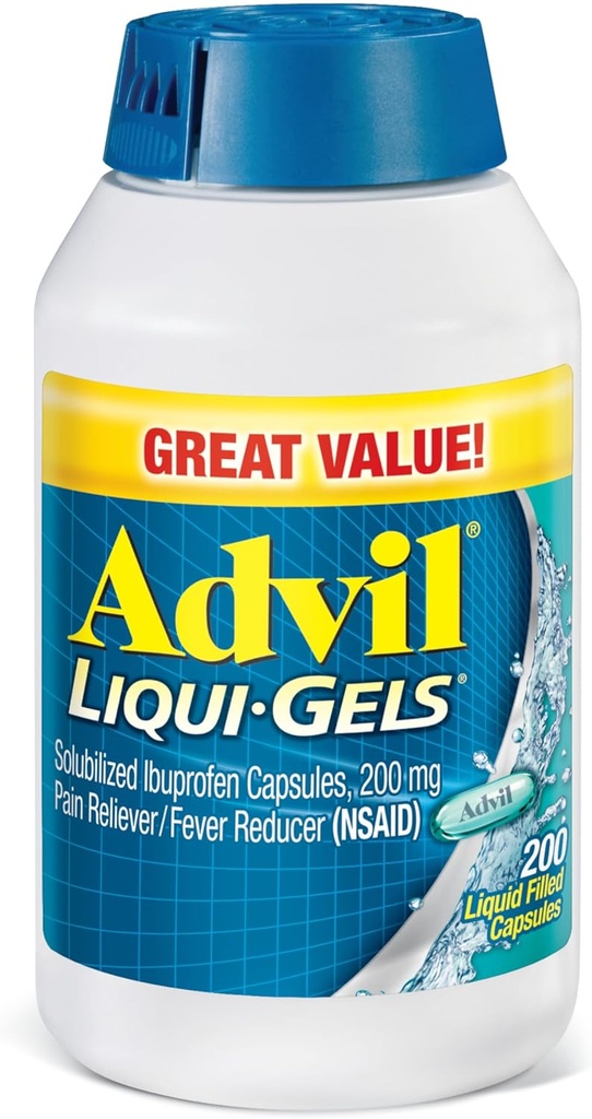 Advil Liqui- Gels Pain Reliever og Fever Reducer, Smertemedicin for voksne med Ibuprofen 200mg for hovedpine, Backache, menstruationssmerter og fælles smertelindring - 200 væskefyldte kapsler