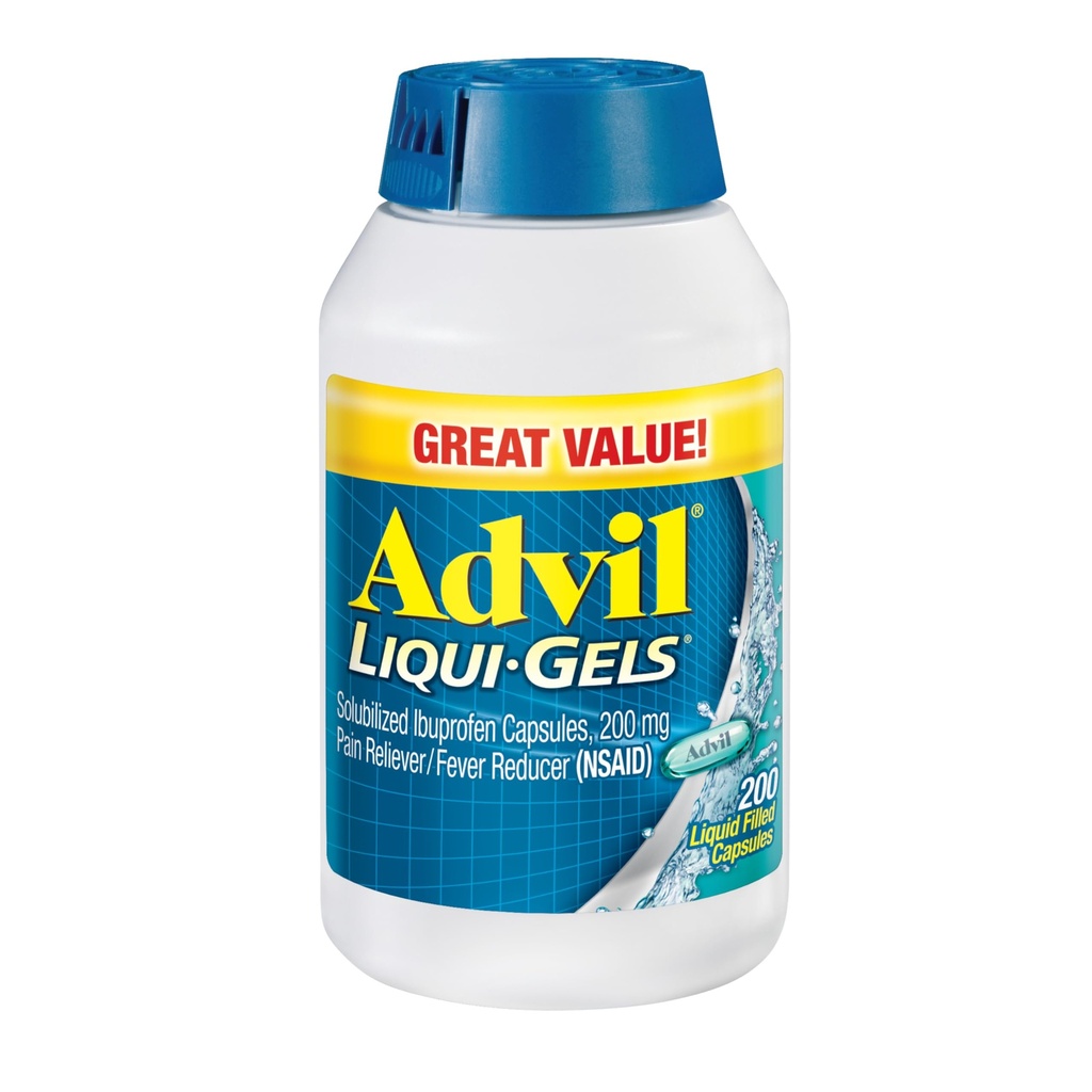 Advil Liqui- Gels Pain Reliever og Fever Reducer, Smertemedicin for voksne med Ibuprofen 200mg for hovedpine, Backache, menstruationssmerter og fælles smertelindring - 200 væskefyldte kapsler