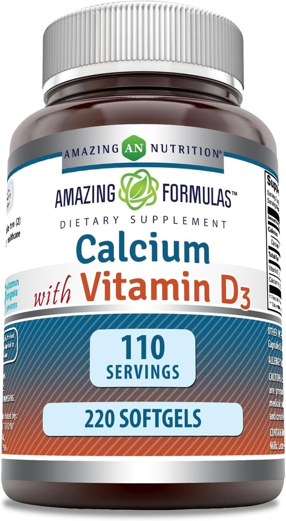 Amazing Formulas Calcium med D3-vitamin 220 Softgels Supplements 124; Non- GROMLE 124; Gluten Free