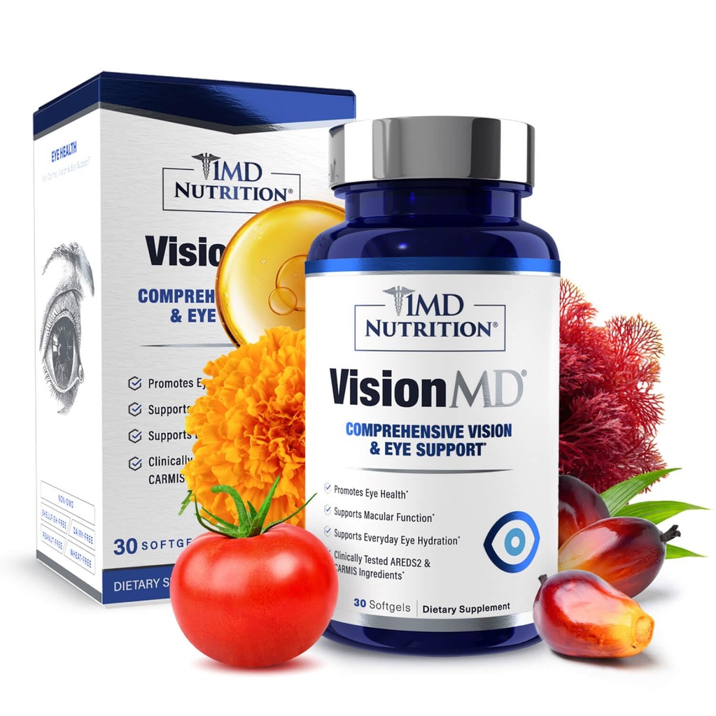 1MD Nutrition VisionMD Eye Vitamin CARMIS - Eye supplement til voksne - med OptiLut Lutein & Zeaxanthin - Understøtter Vision Health Care, Everyday Eye Strain, & Lejlighedsvis tørre øje - 30 Softgels
