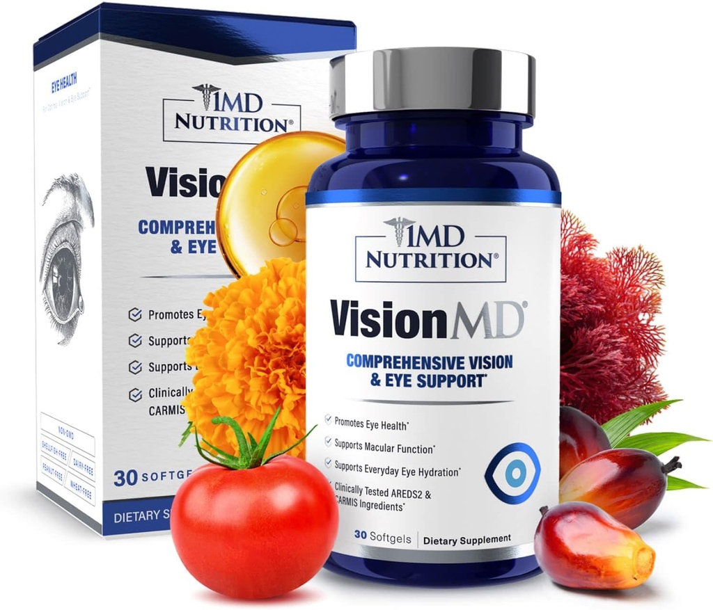 1MD Nutrition VisionMD Eye Vitamin CARMIS - Eye supplement til voksne - med OptiLut Lutein & Zeaxanthin - Understøtter Vision Health Care, Everyday Eye Strain, & Lejlighedsvis tørre øje - 30 Softgels