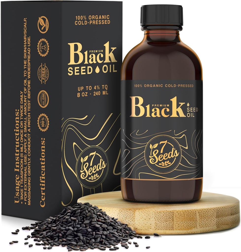 7 Frø Cold Pressed Black Seed Oil - 240 ml Cold Pressed Nigella Sativa Flydende til immunforsvar, Inflammation Support, fordøjelse, hår & hud (8 Fl Oz)