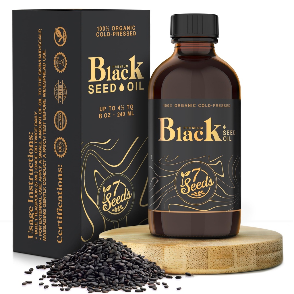 7 Frø Cold Pressed Black Seed Oil - 240 ml Cold Pressed Nigella Sativa Flydende til immunforsvar, Inflammation Support, fordøjelse, hår & hud (8 Fl Oz)