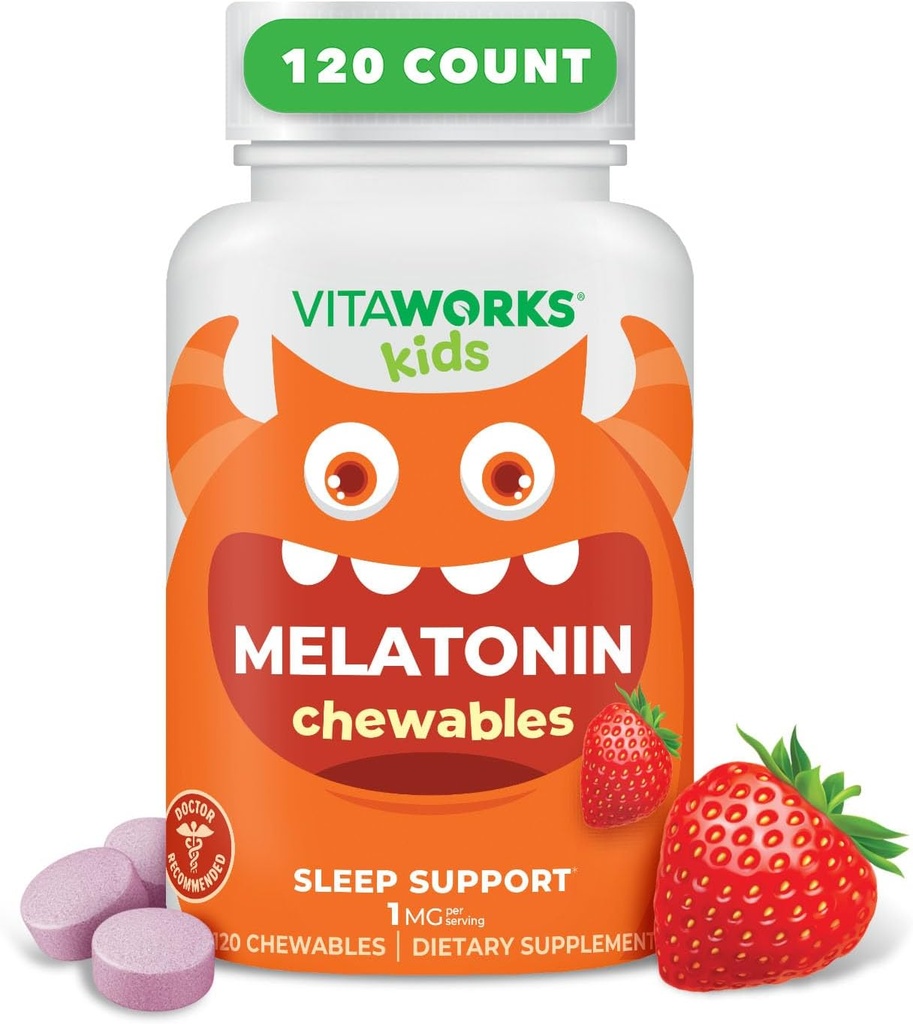 Kids Melatonin 1 mg Chewable med L theanin, Kamille og Lemon Balm Extract Chewable Tablets - Natural Berry Flavor - for hjælp med at falde og blive bedøvet - for børn - 120 Chewables