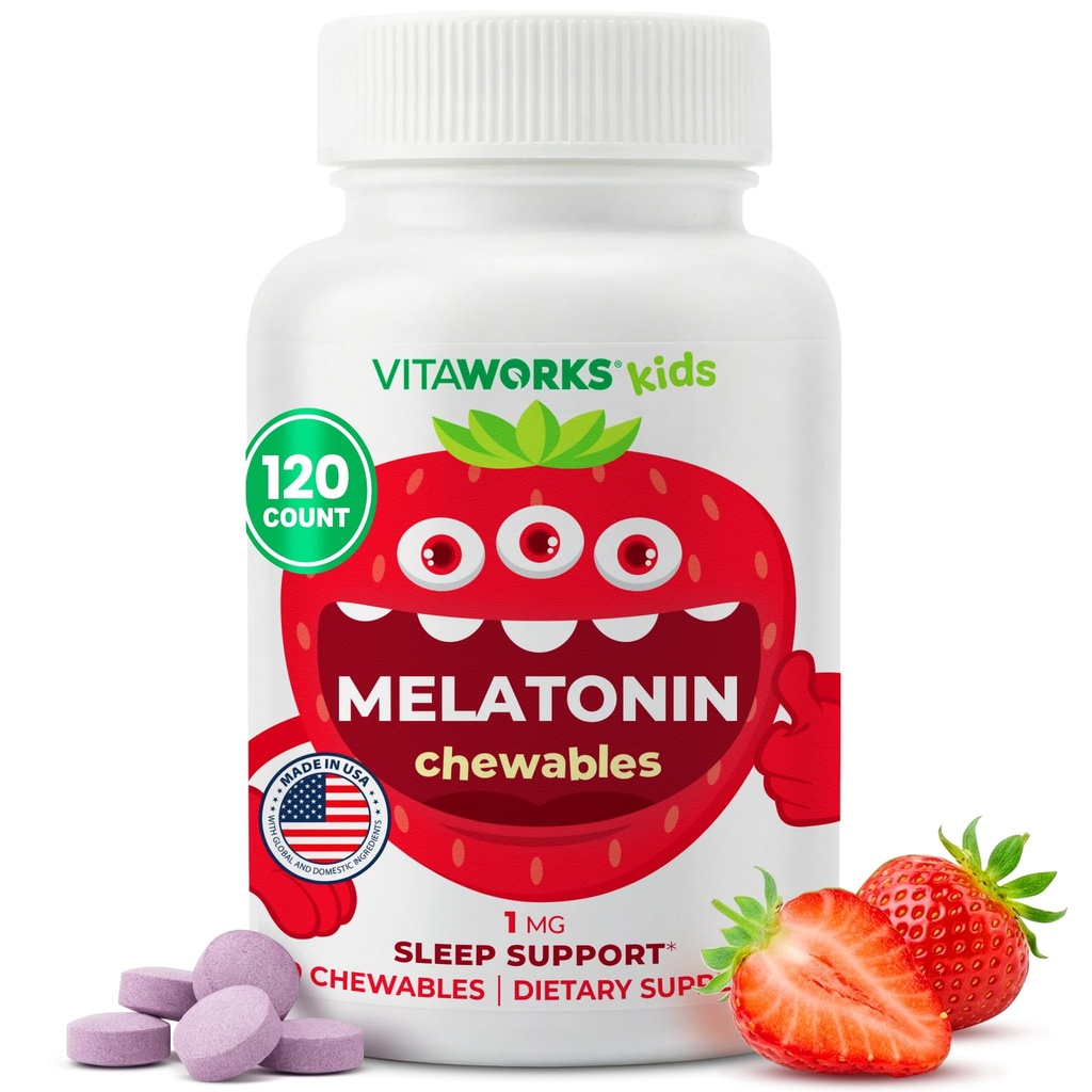Kids Melatonin 1 mg Chewable med L theanin, Kamille og Lemon Balm Extract Chewable Tablets - Natural Berry Flavor - for hjælp med at falde og blive bedøvet - for børn - 120 Chewables