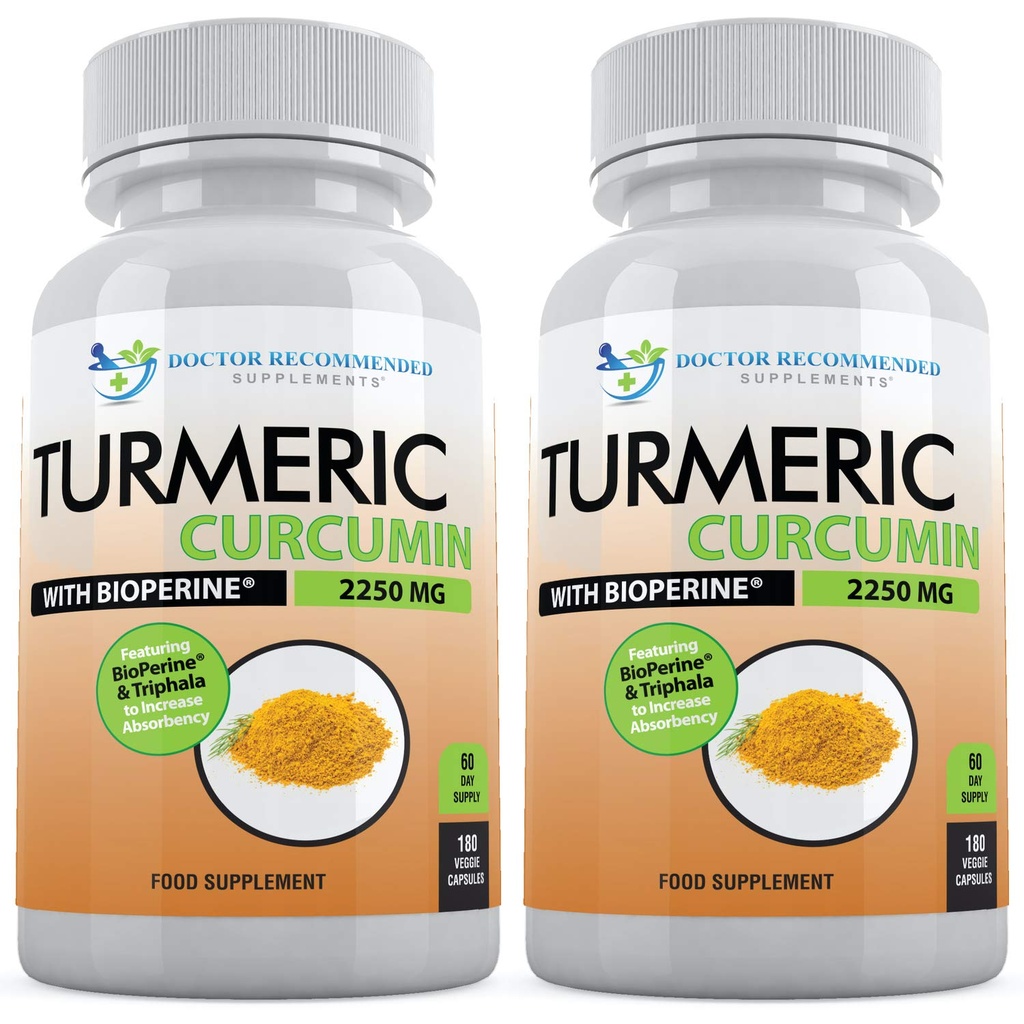 Gurkemeje med Bioperine - 360 Veggie Capsules - 2250mg 95% Curcuminoider med sort pepper supplement og triphala (pakke med 2)