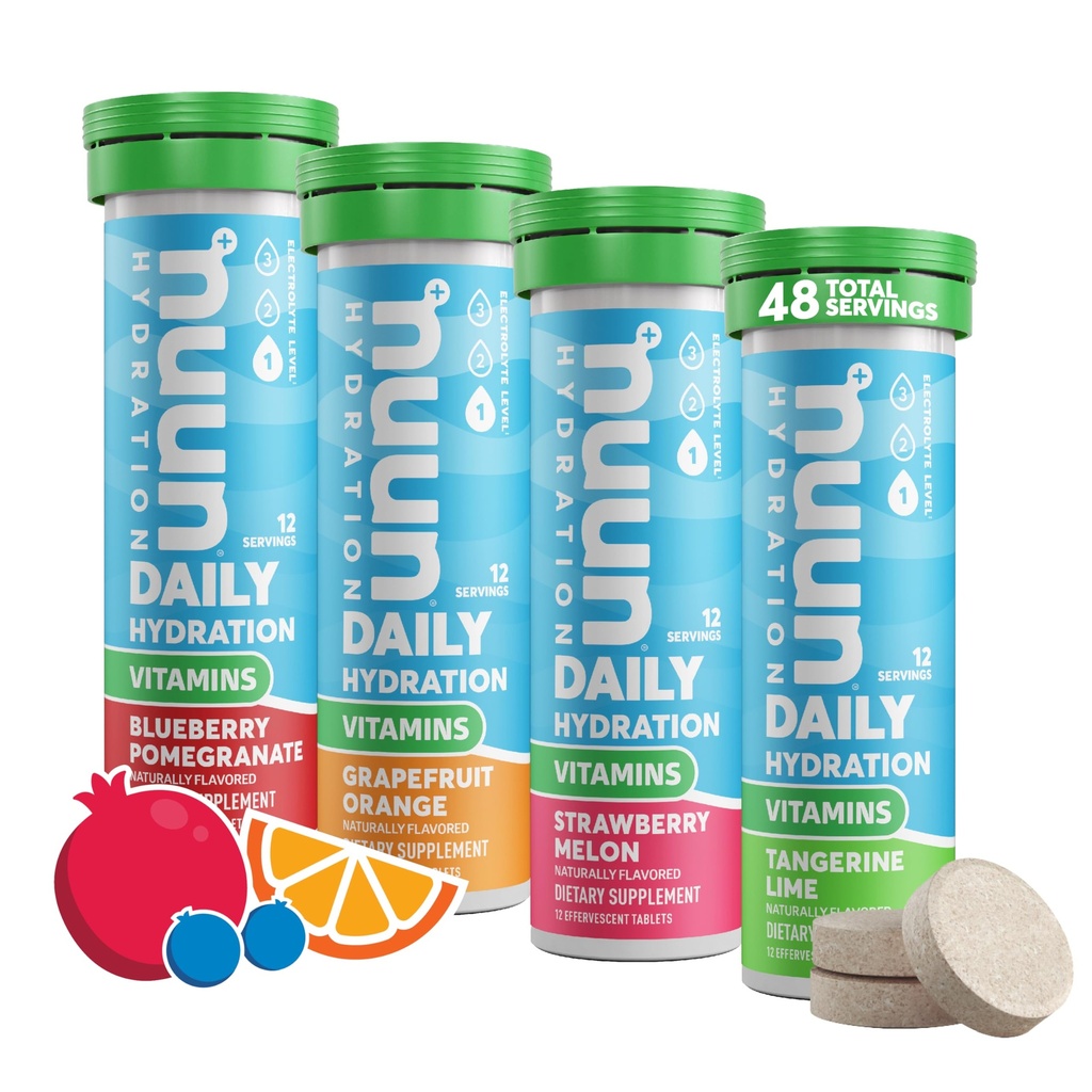 Nuun vitaminer Electrolyte tabletter med D-vitamin, C, E, A, & B6, folinsyre, Magnesium & 4 Andre essentielle elektrolytter, Gluten Free & Vegan, blandet frugt, 4 pakke (48 Servere i alt)