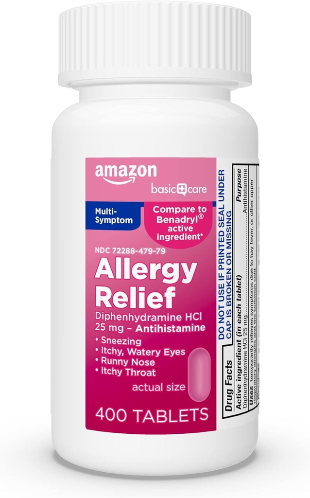 Basic Care Complete Allergy Relief, Diphenhydramin HCl 25 mg, Relieves Symptomer, Antihistamin Tablets, 400 Tæl