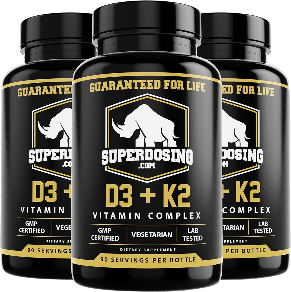Bedste værdi, Max Strength 10.000 iu Vitamin D3 og 1500 mcg Vitamin K2 Kosttilskud 3 Flaske Pack. D3K2 Vitaminer og kosttilskud til sundhed. D3- K2 MK4 kapsler, Best K2D3 Vitamin til immunsystem