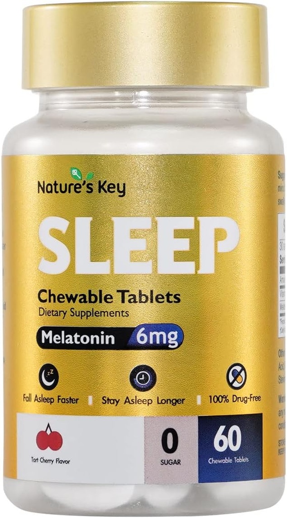 Nature 's Key Melatonin 6mg tyggetabletter, sukkerfri • 124; fremmer afslappende søvn & dvaletid • 124; Non- Habit Forming, med 6 mg vitamin B6 • 124; 60 tabletter (Yummy Tart Cherry Flavor)