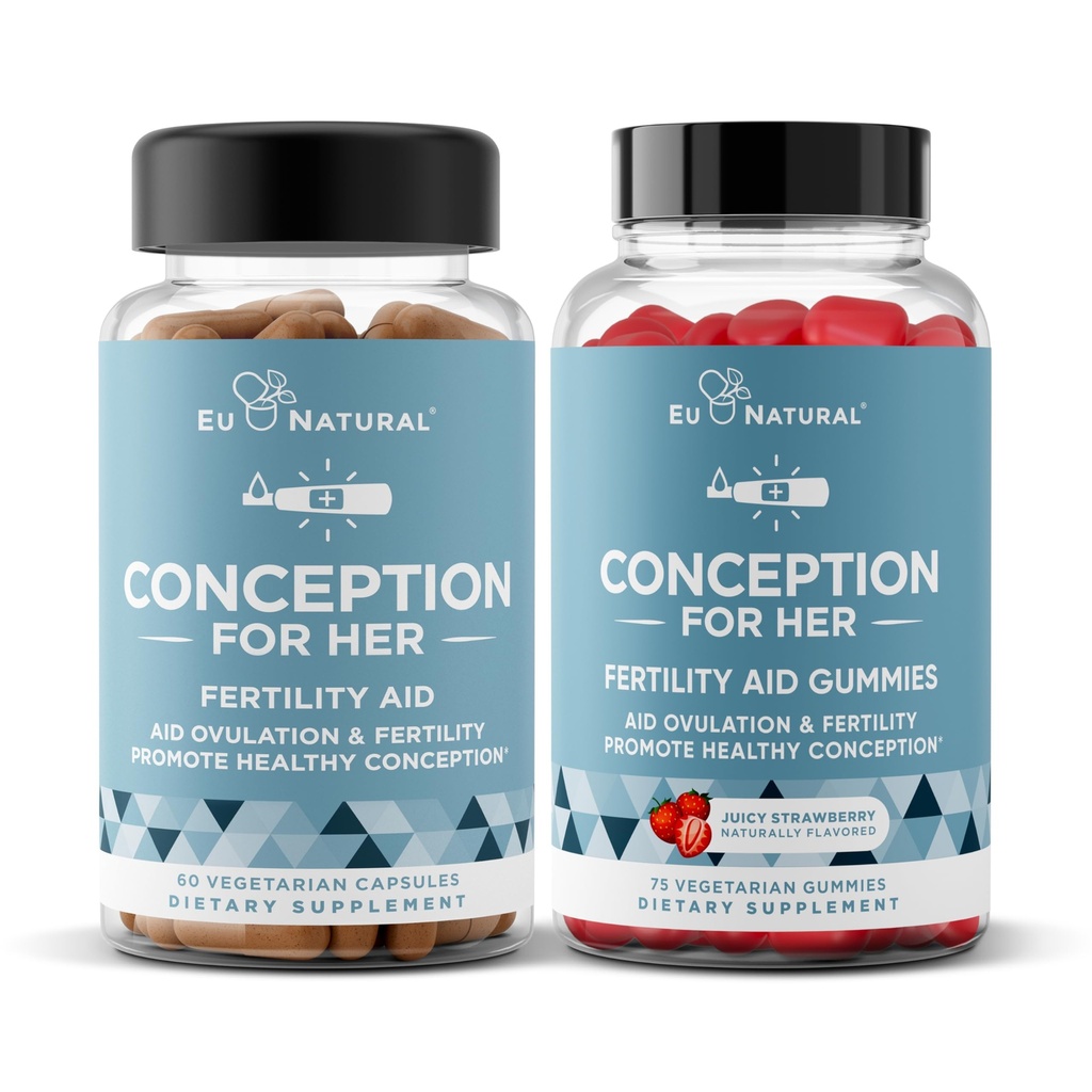European Natural Conception for Her Kapsler & Gummies Bundle - Aids Ovulation, Hormonal Balance, & regelmæssige cykler - 60 Kapsler + 75 Strawberry Flavor Gummies