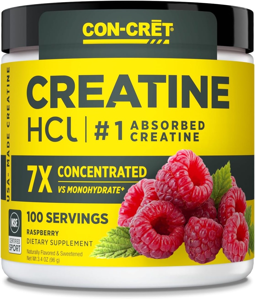 CON- CRET Creatin HCl Pulver • 124; Muskel, Kognitiv, Cellular Energy Support • 124; Ingen Bloating eller Cramps • 124; USA Made & NSF Certified • 124; Hindbær (100 Servering)
