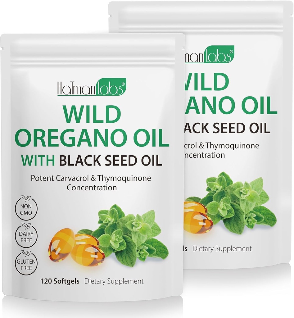 2 Pack Oil of Oregano Softels, Oregano Oil Capsules, 165mg Carvacrol, 2 i 1 Formuleret Oil of Oregano with Black Seed Oil 200mg, Oregano Oil Supplement Capsules
