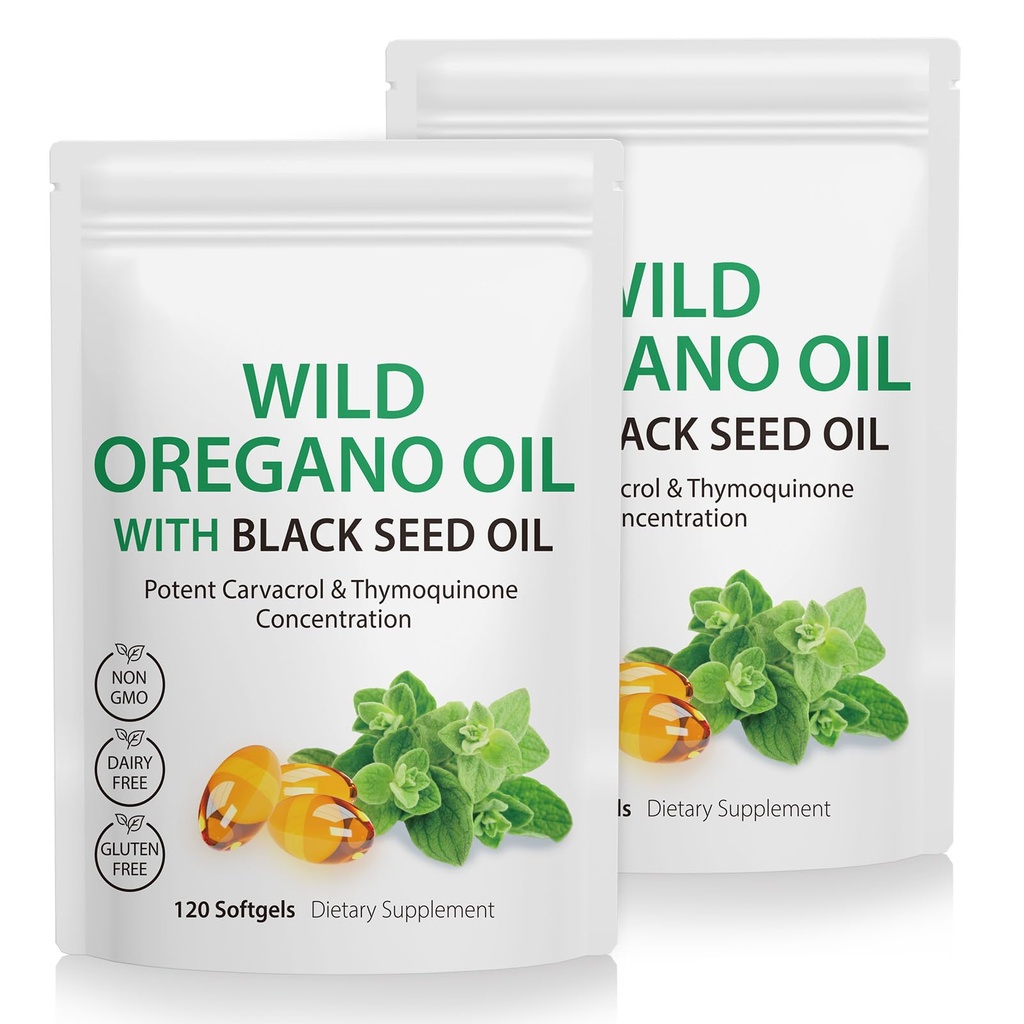 2 Pack Oil of Oregano Softels, Oregano Oil Capsules, 165mg Carvacrol, 2 i 1 Formuleret Oil of Oregano with Black Seed Oil 200mg, Oregano Oil Supplement Capsules