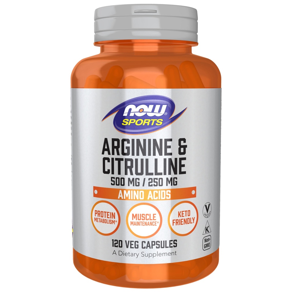 Now Sports Nutrition, Arginin & Citrullin 500 mg / 250 mg, Aminosyrer, 120 Veg kapsler