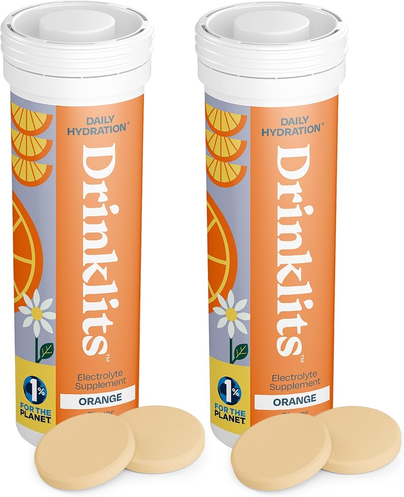 Drinklits Orange Daily Hydration Tablets (2) Tube Bundle Myint 124; Essential Electrolytes - 0g Sugar - Replenishing Hydration Drink - 124; 20 Servering - 10 tabletter Per Tube