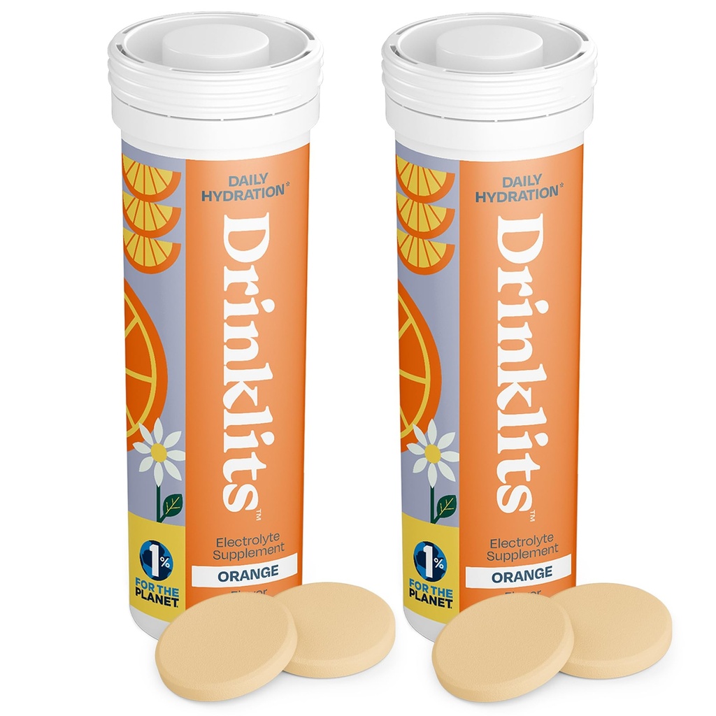 Drinklits Orange Daily Hydration Tablets (2) Tube Bundle Myint 124; Essential Electrolytes - 0g Sugar - Replenishing Hydration Drink - 124; 20 Servering - 10 tabletter Per Tube
