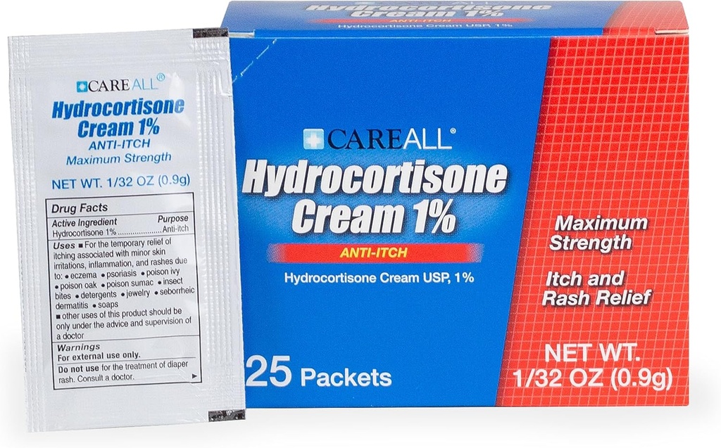 CareAll Hydrocortison Cream 1% (25 Pack), 0, 9gr Foil Packet. Maksimal styrke Formulering, Anti- Itch Udslæt Hud Cream Relieves Kløe, Eksem, Insect Bites, Gift Ivy, og Psoriasis