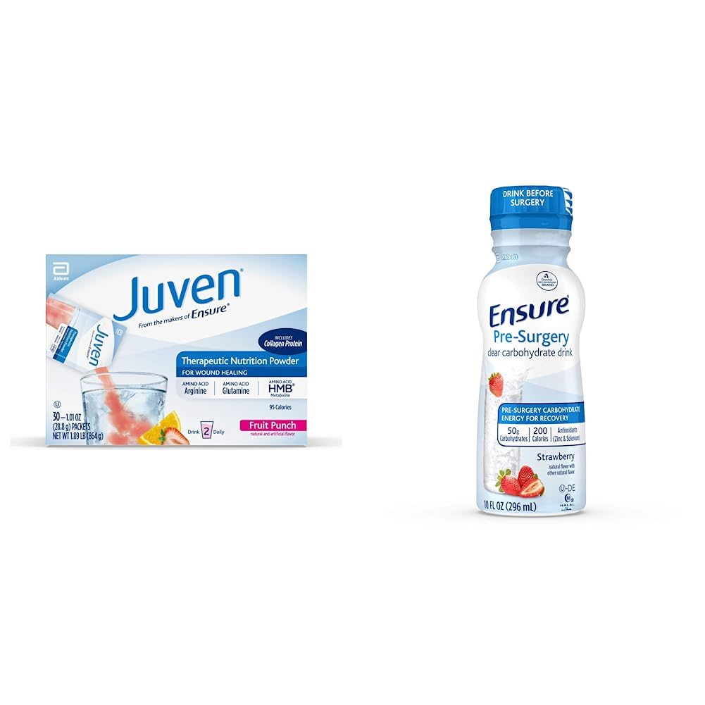 Juven Therapeutic Nutrition Drink Mix Powder for Wund Healing Support, Inkluderer Collagen Protein, Fruit Punch, 30 Greve & Sikre Pre- Kirurgi, Clear Kulhydrat Drink, Jordbær, 10 fl oz, 4 Greve