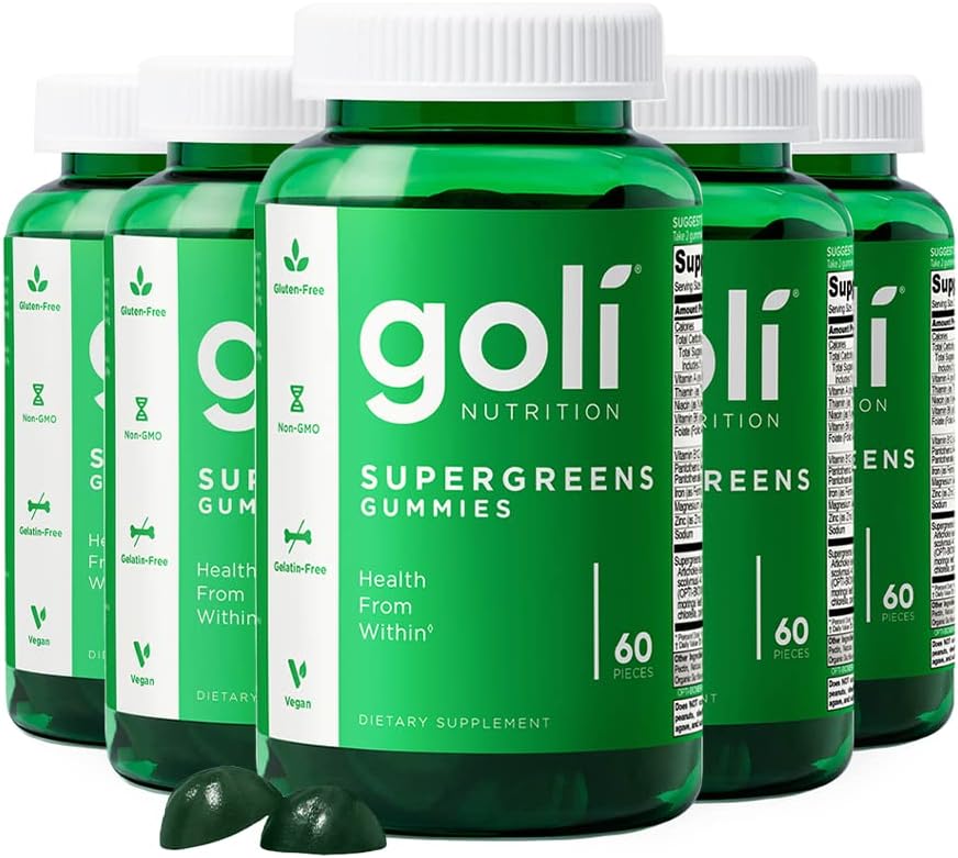Goli SuperGreen Vitamin Gummy - 300 Greve - Essentielle vitaminer og mineraler - Plante-baseret, Vegan, Gluten- Free & Gelatine Free - Sundhed indefra, pakke med 5