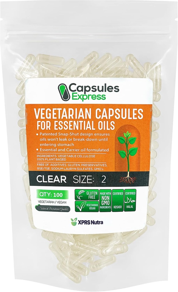 XPRS Nutra Size 2 Empty Vegan Capsules - 100 Count Clear Veggie Capsules for Most Essential Oils - Empty Vegetable Pills for Essential Oils - DIY Filling