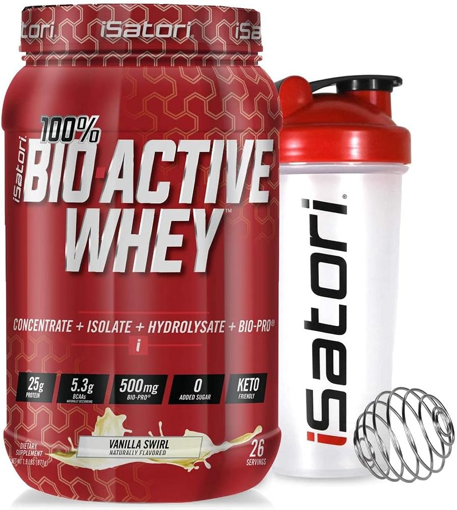 iSatori Bio- Active Whey Protein Powder - Vanilla Swirl (30 Servere) & iSatori Classic Blender Flaske (Klar flaske med rød top)