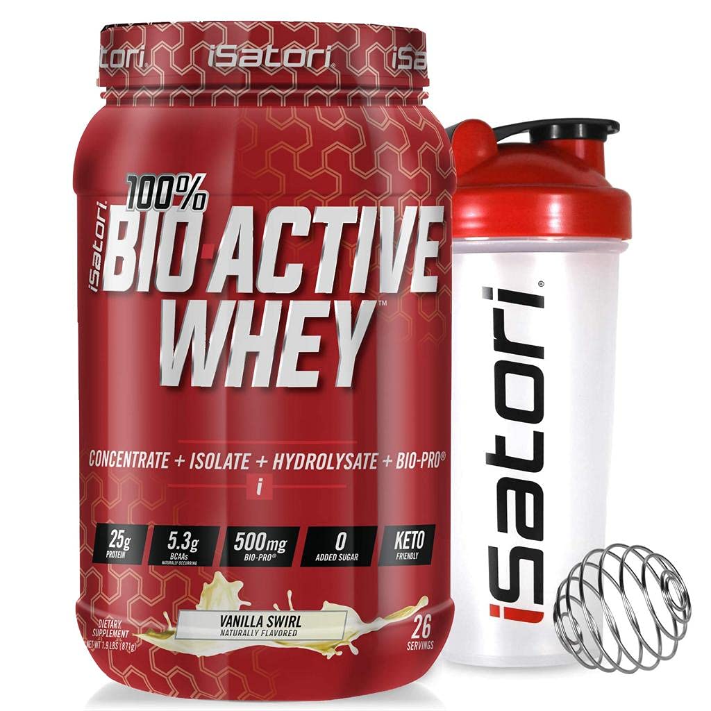 iSatori Bio- Active Whey Protein Powder - Vanilla Swirl (30 Servere) & iSatori Classic Blender Flaske (Klar flaske med rød top)