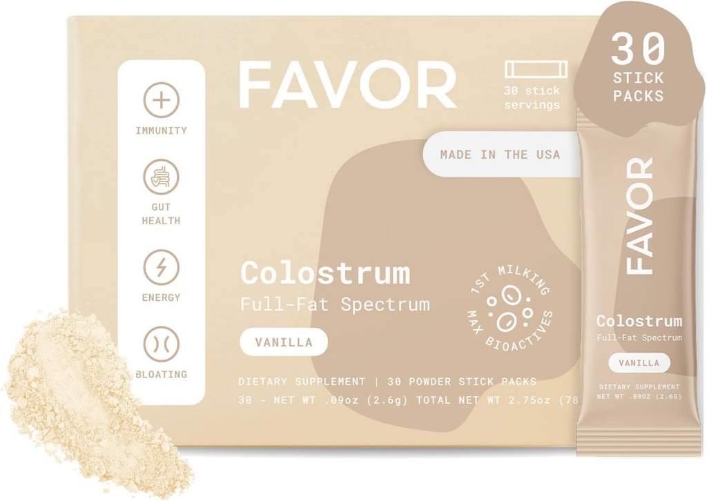 FAVOR Bovine Colostrum Stick Pakker â 124; Liposomal og hele 124; Holistisk Human Health â 124; Praktisk til rejser â 124; Første malkning â 124; naturligt høj IgG pulver â 124; Etisk lavet i USA â 124; Let at blande [Vanilla]