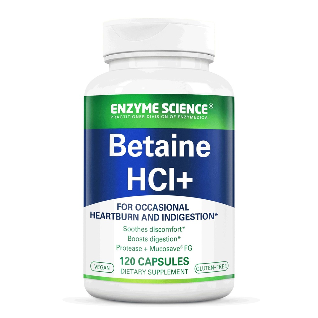 Enzyme Science Betaine HCl med pepsin - tillæg for lav mavesyre - betain hydrochlorid supplement - fordøjelsesenzymer - Enzimas Digistivas - 120 kapsler