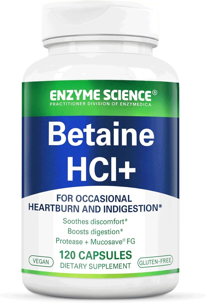 Enzyme Science Betaine HCl with Pepsin - Supplement for Low Stomach Acid - Betaine Hydrochloride Supplement - Digestive Enzymes - Enzimas Digestivas - 120 Capsules
