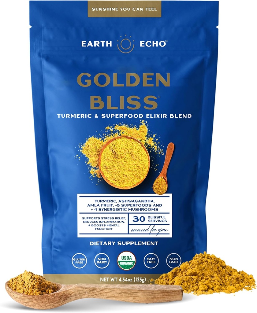 Earth Echo Golden Bliss, Organic Gurmerisk Superfood Elixir Blend med Ashwagandha Root, MCT Oil og 4 Mushroom Blend til afslappende søvn, immunforsvar og Reduces Craving, Dairy- Free, 30 Servere