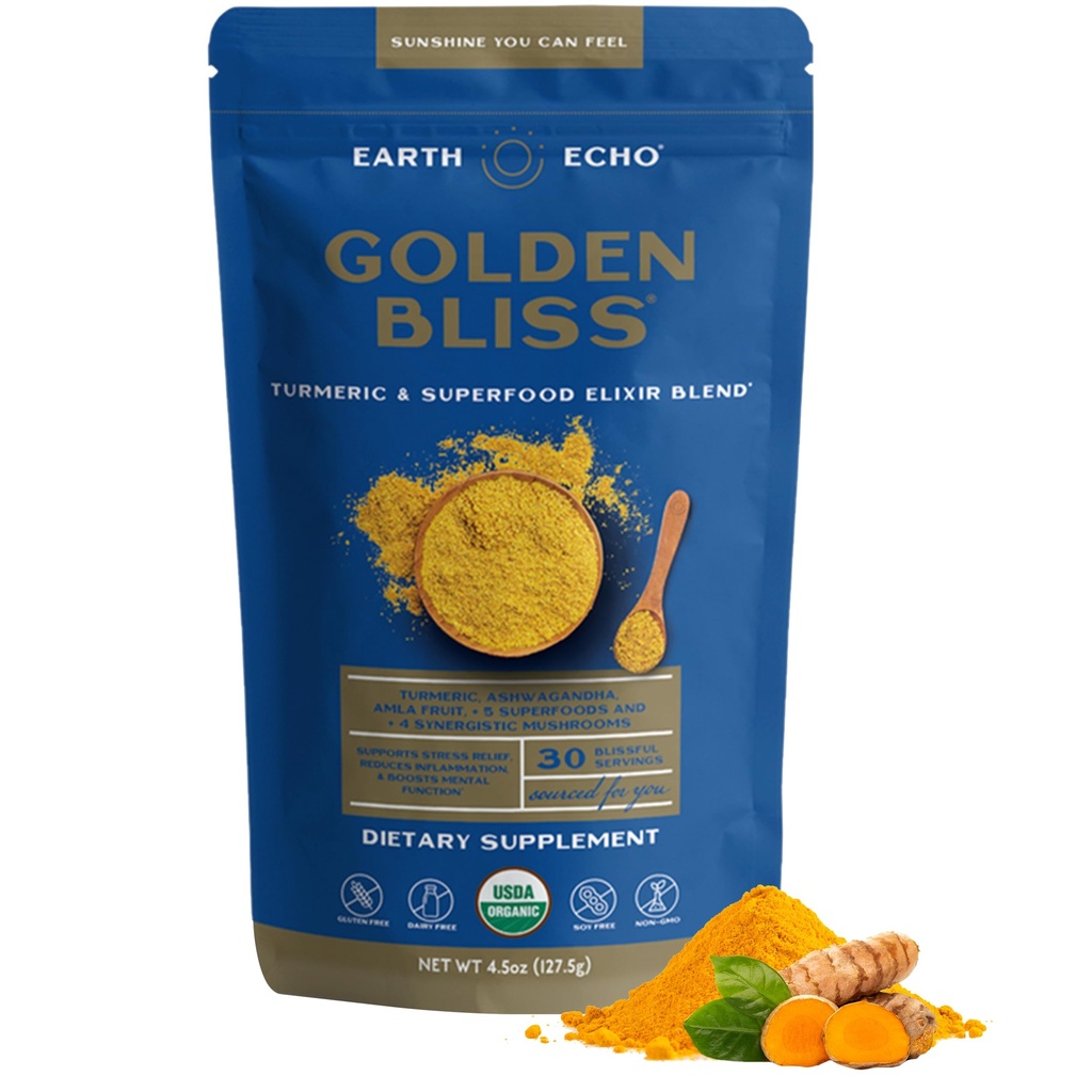 Earth Echo Golden Bliss, Organic Gurmerisk Superfood Elixir Blend med Ashwagandha Root, MCT Oil og 4 Mushroom Blend til afslappende søvn, immunforsvar og Reduces Craving, Dairy- Free, 30 Servere
