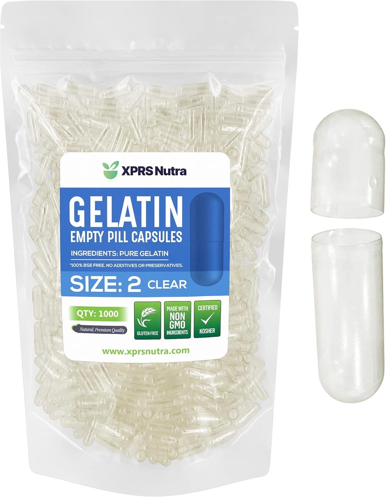 XPRS Nutra Størrelse 2 Tomme kapsler - 1000 Tomme Tomme Gelatine kapsler - Piller selv Capsule Fyldning - Pure Bovin Pille Gel Caps til Do- It- Yourself Kosttilskud