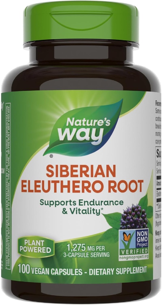 Nature 's Way Premium Herbal Siberian Eleuthero Root Supplement, Understøtter Endurance & Vitality *, Adaptogen *, 1.275mg pr 3-Capsule Serving, Non- GMO projekt Verified, 100 kapsler (Packaging May Vary)
