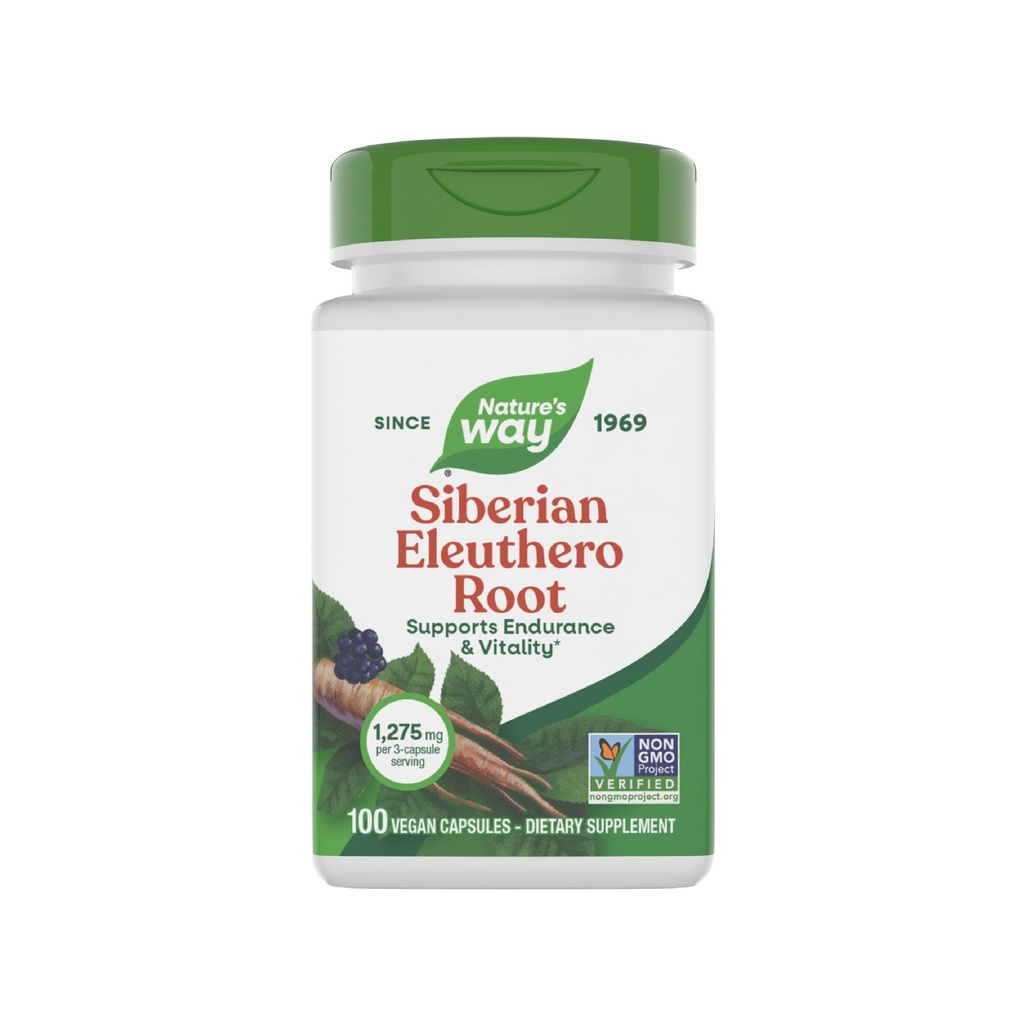 Nature 's Way Premium Herbal Siberian Eleuthero Root Supplement, Understøtter Endurance & Vitality *, Adaptogen *, 1.275mg pr 3-Capsule Serving, Non- GMO projekt Verified, 100 kapsler (Packaging May Vary)