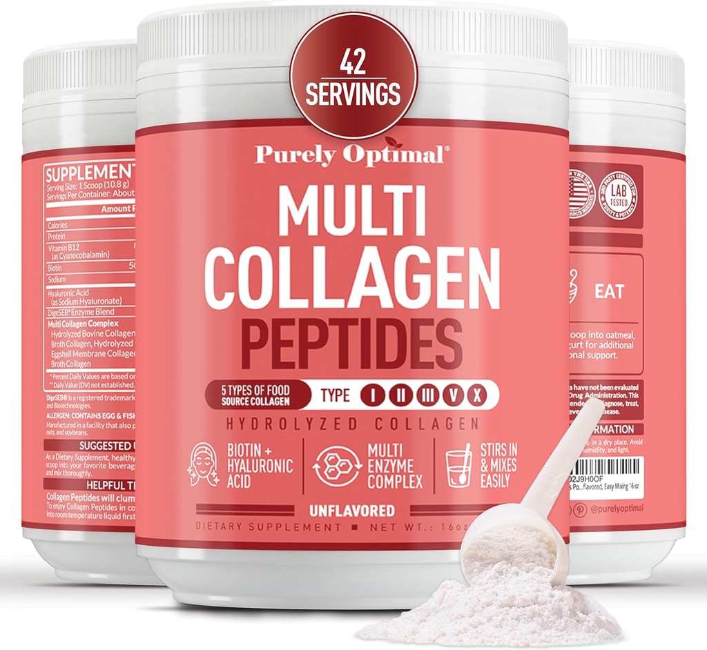 Rent Optimal Multi Collagen pulver til kvinder - 5 typer hydrolyserede collagen peptider med biotin & hyaluronsyre til hår, hud, negle, knogler & joints - Unflavored, Easy Mixing, 42 Servere