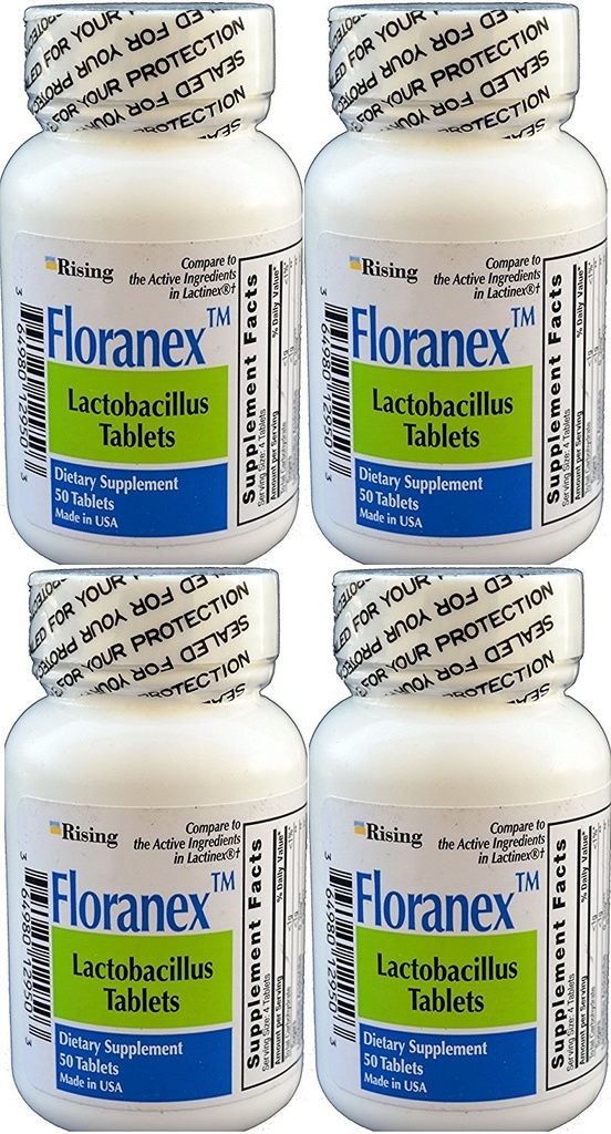 Floranex Probiotisk 2 millioner CFU, Lactobacillus acidophilus til kolon fordøjelsessygdom, Generisk til lactinex, Holdbar Ingen køling, 50 tabletter per flaske, 4 - Pack