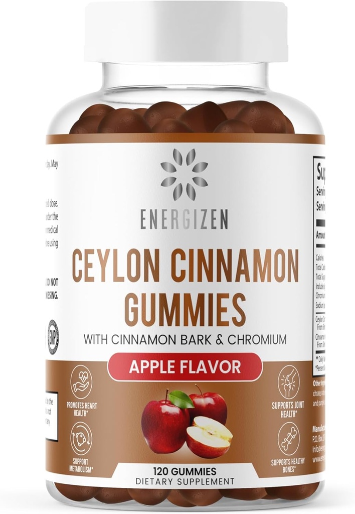 Cinnamon + Chrom Gummies - 120 Vegansk Gummies - fælles smerte- og hjernesundhedssupport, sukkerfri, antioxidant Rich, non-GMO, glutenfri supplement, naturlig æblesmag