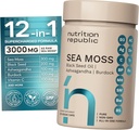 Sea Moss supplement, Sea Moss kapsler med Black Seed Oil, Ashwagandha og Burdock Root, Multimineral supplement med C-vitamin, 60 Veggie kapsler