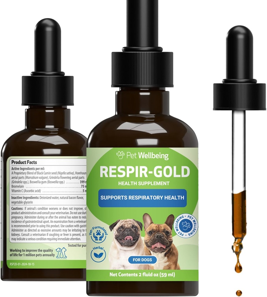 Pet Wellbeing Respir- Gold for Dogs - Understøtter sund vejrtrækning, Open Airways, Respiratory Support, Black Cumin, Horehound, Grindelia - Veterinarian- Formuleret Herbal Supplement 2 oz (59 ml)