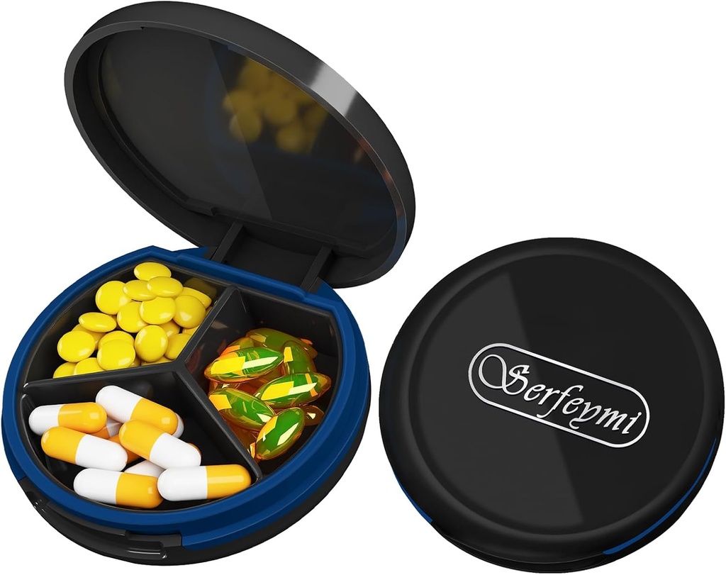 Serfeymi Small Pill Box - 3 afdelinger Portable Pill Box til purse Pocket, Compact Mini Travel Pill Case - Egnet til medicin, Vitamin, Fish Oil, Kosttilskud - Sort (Logo)