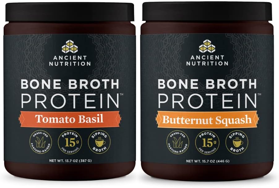 Ancient Nutrition Bone Broth Protein Powder, Tomato Basil, 15 Servere + Bone Broth Protein Powder, Butternut Squash, 15 Servere