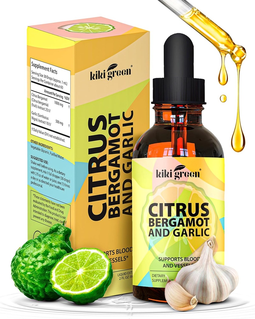 KIKI Green Liquid Citrus Bergamot & Hvidløg Extract - Citrus Bergamot Supplement for Heart Health, Immunsystemet Support and Sund Aging Non- GMO, Gluten- Free Supplement 2 Fl Oz.