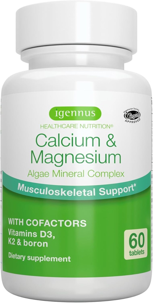 Igennus Algae Calcium & Magnesium Supplement, Plant Based, High Absorption, K2 & D3, Non- GMO Red Algae Mineral Complex for Bone & Tandstøtte, for kvinder og mænd, med bor, Vegan, 60 tabletter
