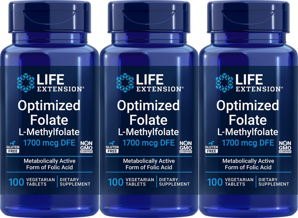 Life Extension Optimized Folate 1700 mcg DFE, 100 Vegetariske tabletter (pakke med 3)