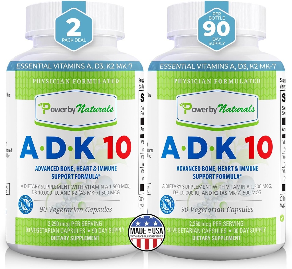 Power by Naturals ADK Vitamin Supplement - ADK 10 High Potence med Vitaminer A, D3 10.000 IE & K2 MK7 for Superior Heart, Immun & Bone Health Support - 90 kapsler, 2 pakker (6 måneders forsyning)