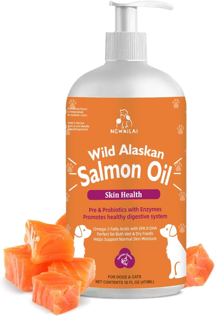 Wild Alaska Salmon Oil til hunde & katte, Omega-3 Fish Oil tillæg med EPA & DHA, Support Skin Health, Shiny Coat, Stærk fælles & Allergy Relief - Pumpeflaske 16oz