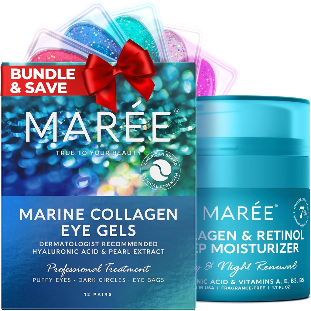 MAREE Eye Gels & Collagen Moisturizer Face Cream Bundle - Under Eye Gels for Puffy Eyes og mørke cirkler, Anti Aging Face Cream med Hydrating Effect - Marine Collagen & Hyaluronic Acid, Retinol
