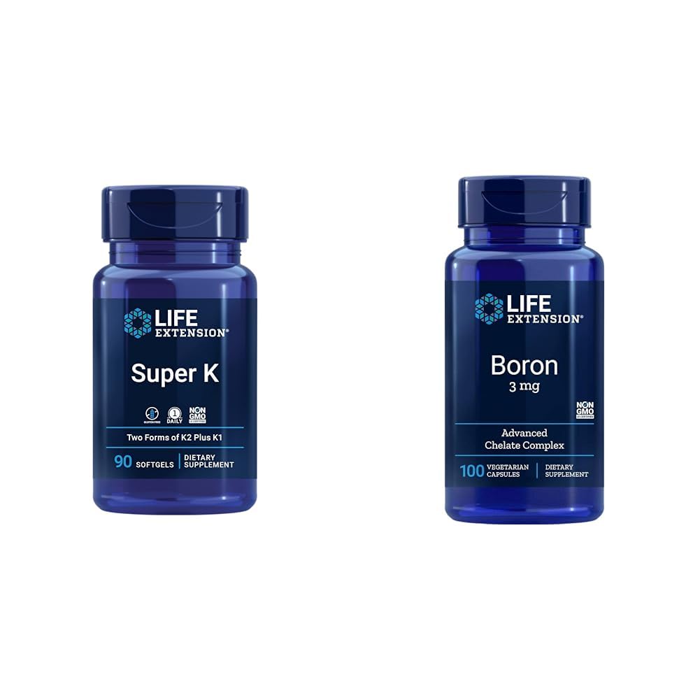 Life Extension Super K Vitamin K1, K2 MK- 7, MK-4, C-vitamin, Bone / Heart Health, 3- Måned Supply and Boron 3 Mg 100 Vegetariske kapsler