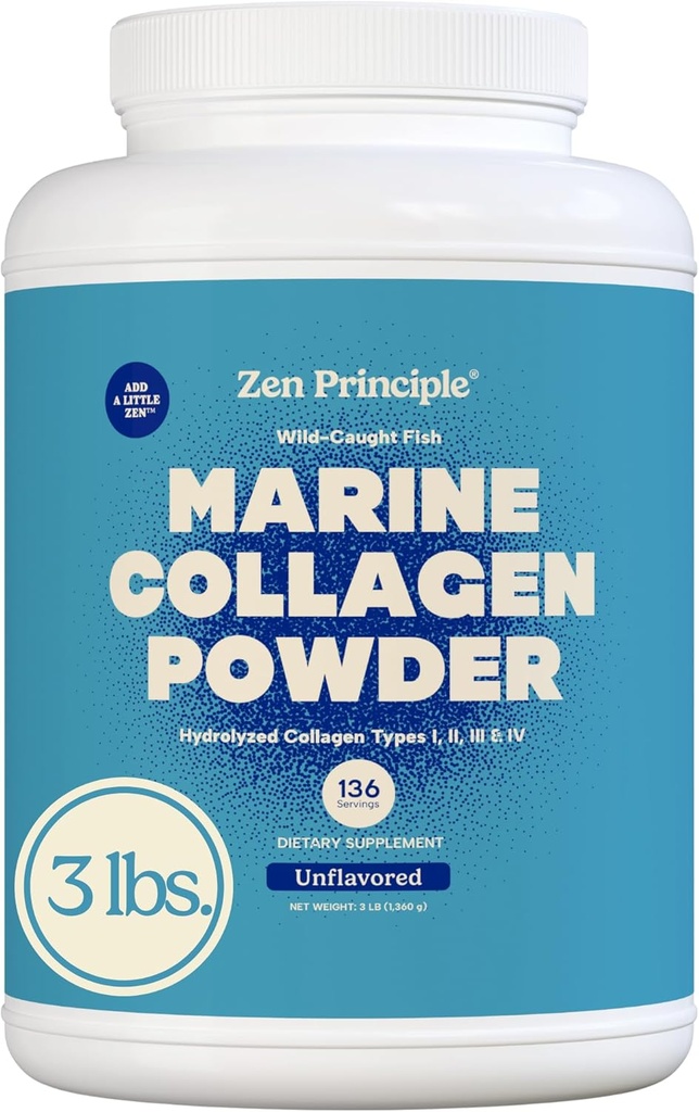 Zen Princip Marine Collagen Peptider Powder 3lb. Wild- fanget fisk, ikke-GMO. Understøtter sund hud, hår, joints, og knogler. Hydrolyseret type 1 & 3 protein. Aminosyrer, uden smag, let at blande.